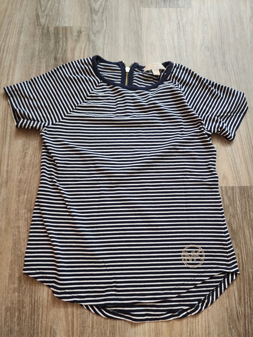MICHAEL Michael Kors Navy and White Striped Short Sleeve Tee with Gold Logo